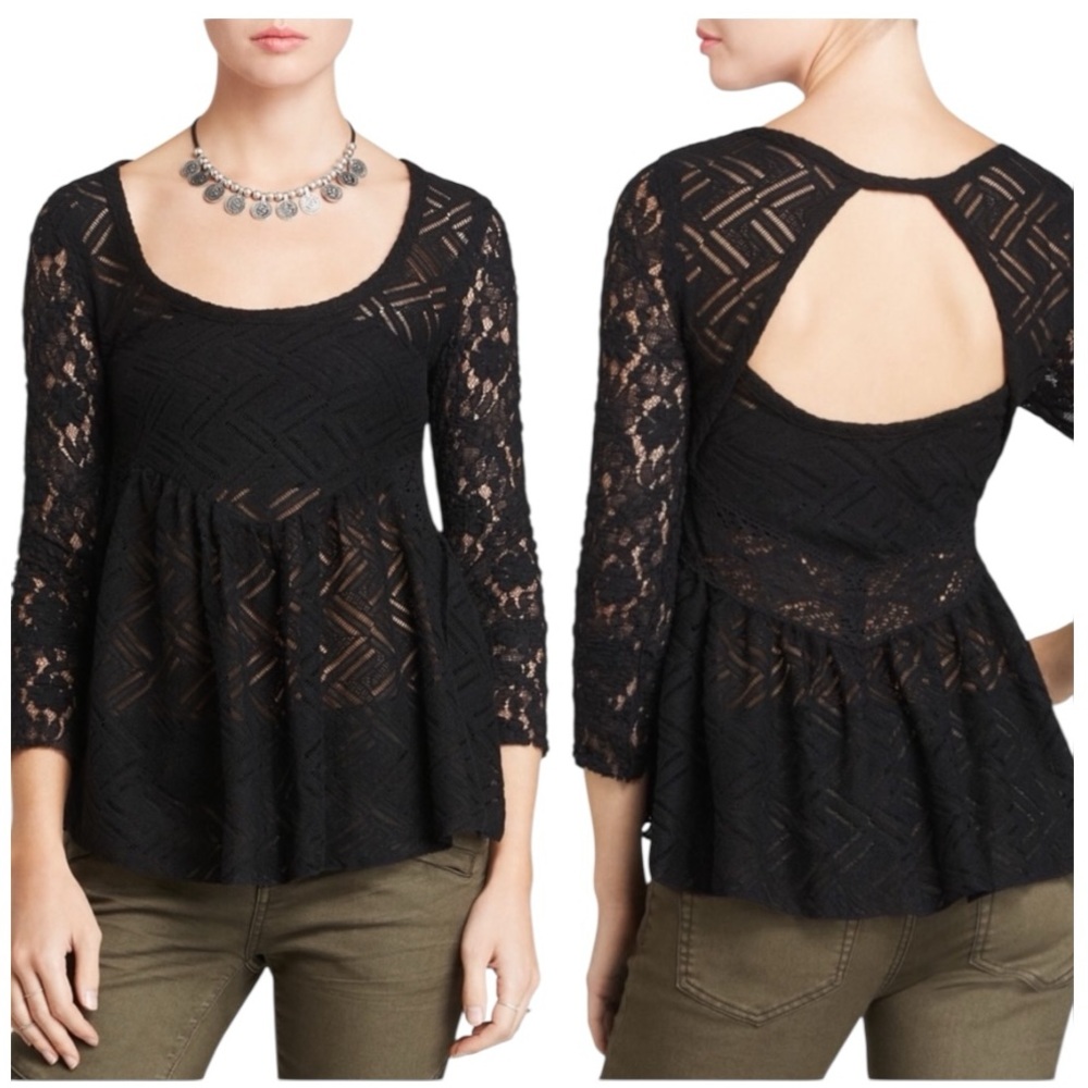 Free People Black Lace Peplum Top Long Sleeve Open Back Medium Babydoll